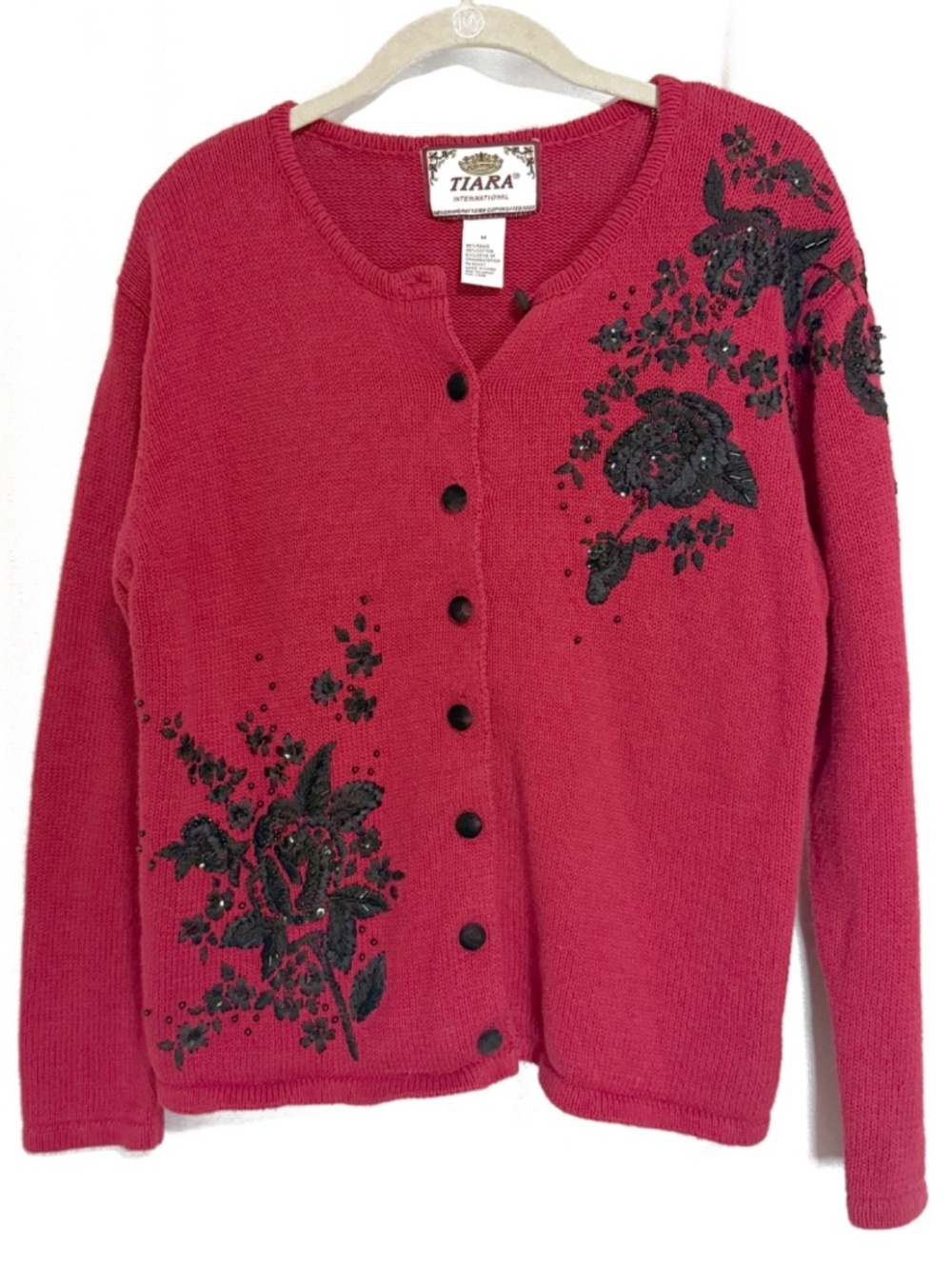 Vintage Y2K Tiara International Red Black Floral Beaded Cardigan M